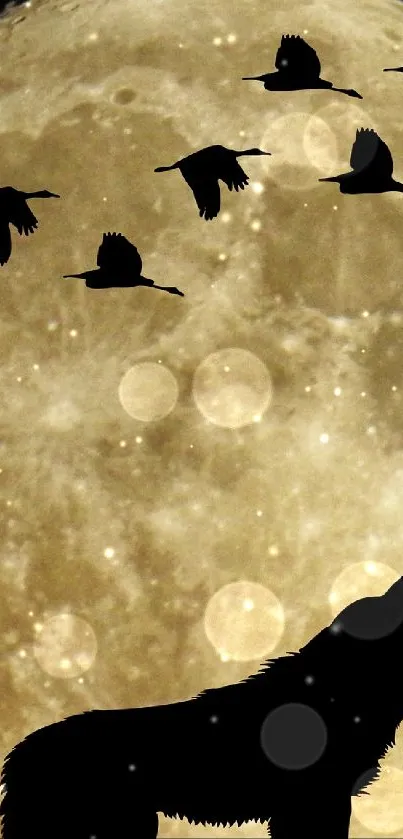 Silhouette of a wolf howling at moon with flying birds.