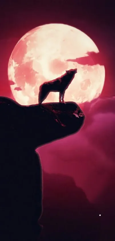 Silhouette of a wolf against a vivid pink moon on a smartphone wallpaper.