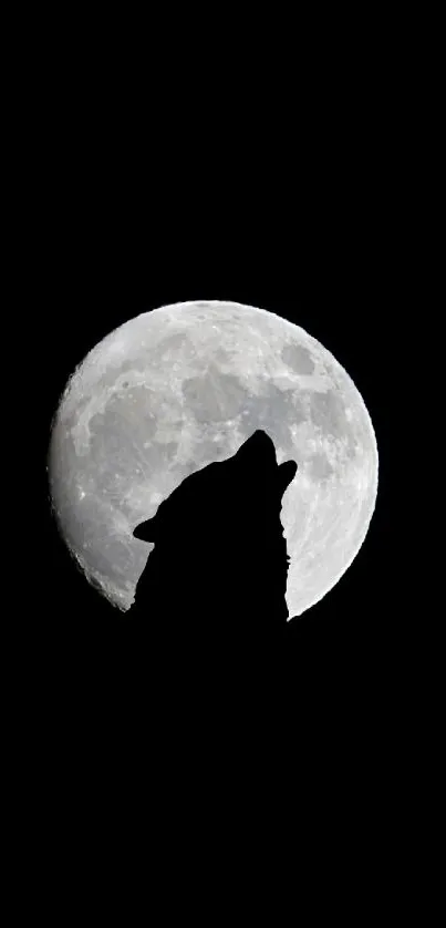 Silhouette of a wolf howling at the full moon against a black night sky.