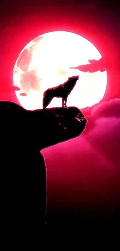 Silhouette of a wolf against a crimson moonlit sky with clouds.