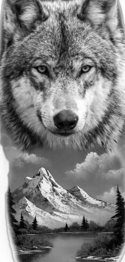 Black and white image of a wolf with a mountain and forest background.