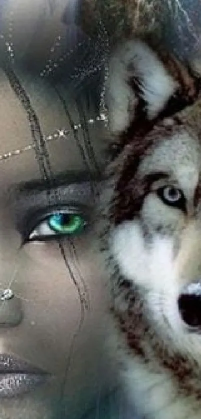 Mystical wallpaper with wolf and mysterious woman showing fantasy art.