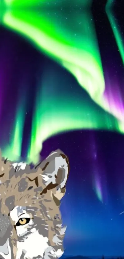 Wolf against vibrant Northern Lights with cosmic backdrop.
