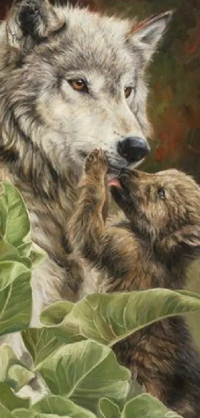 Wolf mother and pup with green foliage in a serene nature setting.