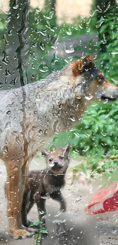 Wolf with pup through rain-speckled glass.