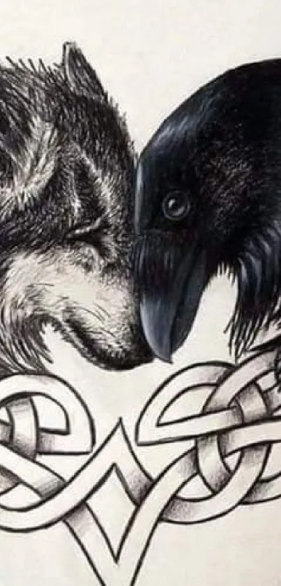 Black and white wolf and raven illustration with Celtic patterns.