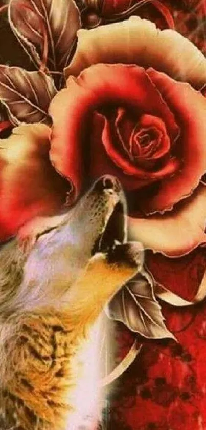 A howling wolf with a vibrant red rose artwork.