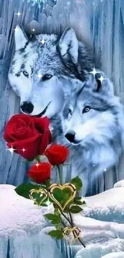 Two wolves with a red rose against icy background.