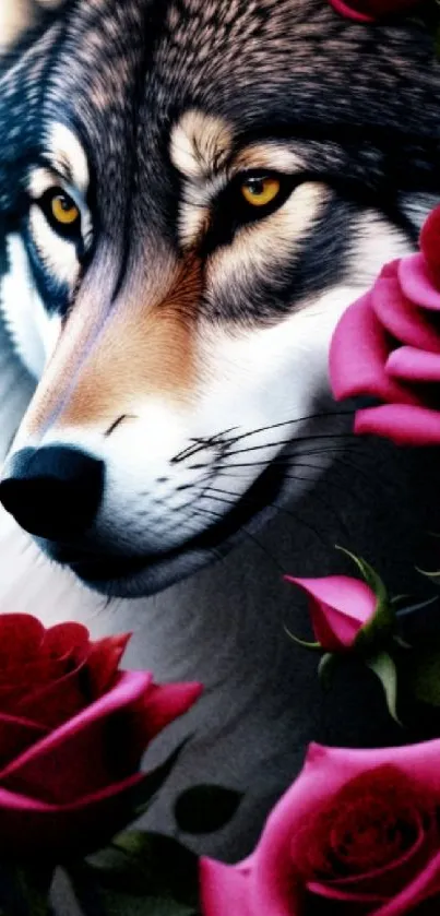 Majestic wolf surrounded by red roses in vibrant mobile wallpaper.