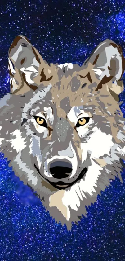 Illustrated wolf with a starry night background.