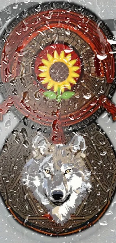 Wolf and sunflower tribal design with glass rain texture.