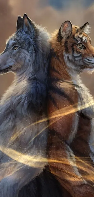 Artistic wallpaper featuring a wolf and tiger back-to-back in a natural setting.