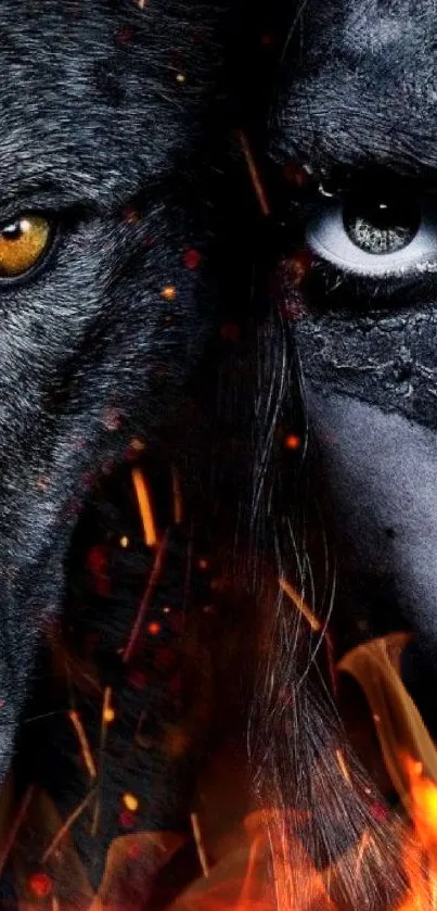 Dark gray wallpaper with a wolf and warrior face.