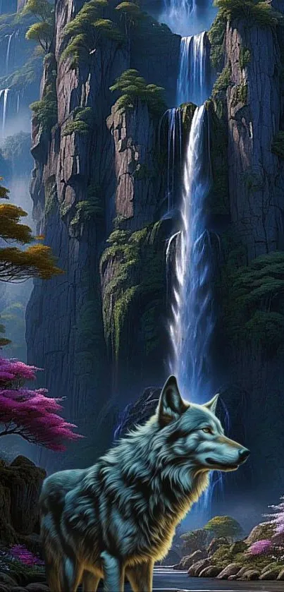 Fantasy wolf in front of a towering waterfall amidst colorful foliage.