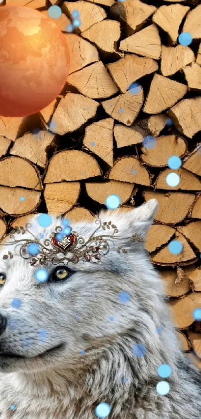 Wolf adorned with crown on woodpile background.