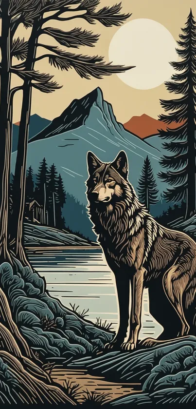 Wolf standing by a serene lake with mountains in the background.