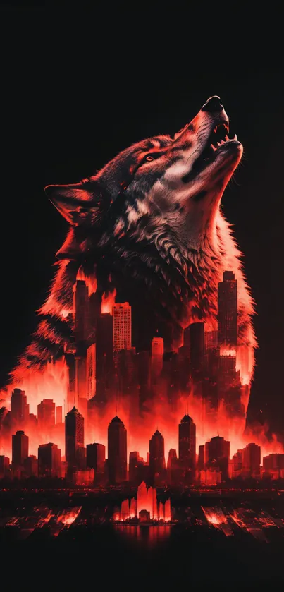 Majestic wolf with cityscape in silhouette against a red and black backdrop.