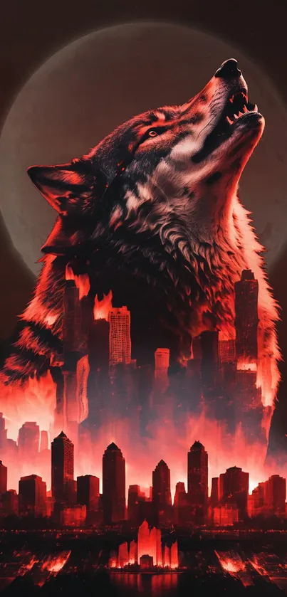 Howling wolf over cityscape with red glow and moonlit sky.