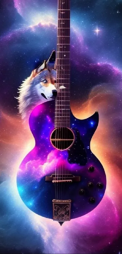 Purple galaxy with wolf and guitar in a cosmic nebula.