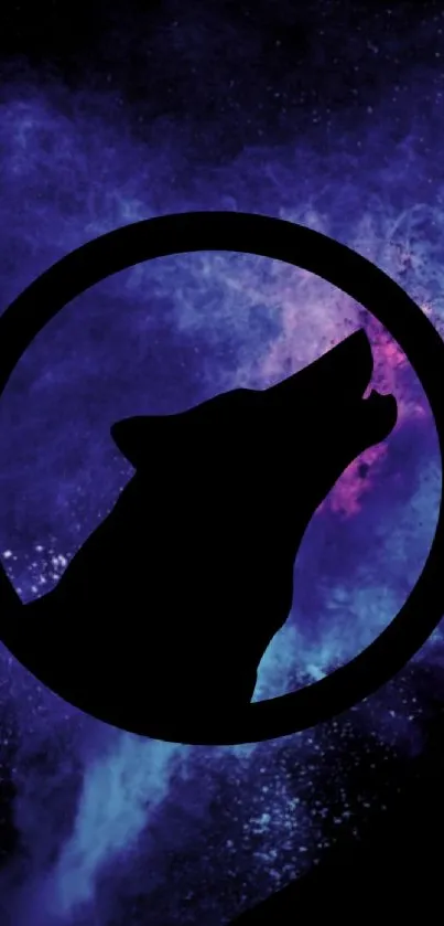 Wolf silhouette with cosmic purple galaxy background and snowflakes.