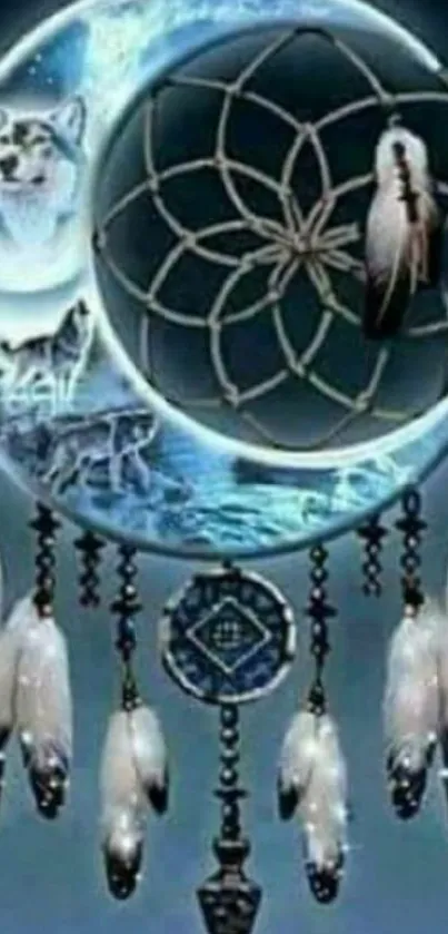 Mystical wolf dreamcatcher with feathers in blue hues.