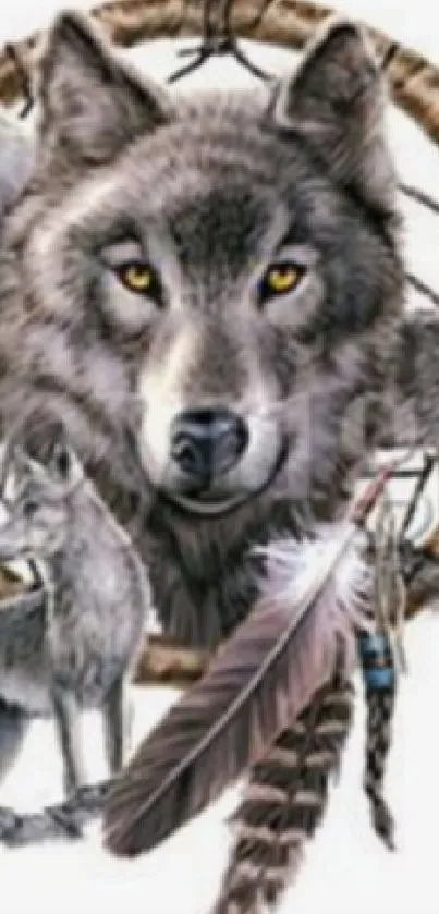 Gray wolf art with dreamcatcher and feathers.