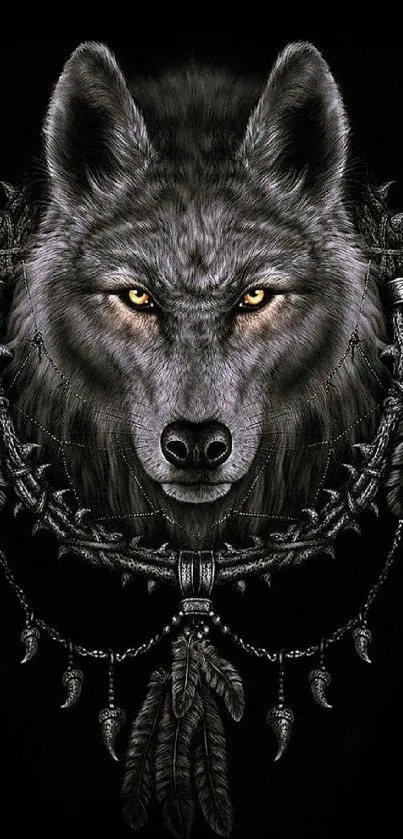 Wolf dreamcatcher on a black background, mobile wallpaper.