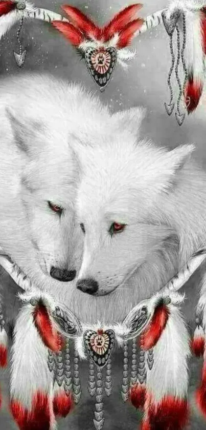 Beautiful wallpaper with wolves and a dreamcatcher in red and white.