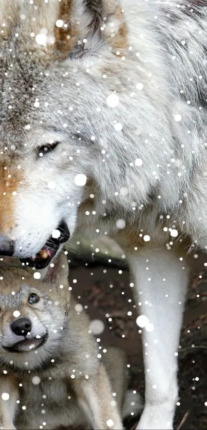 A mother wolf and cub in falling snow, creating a serene nature scene.