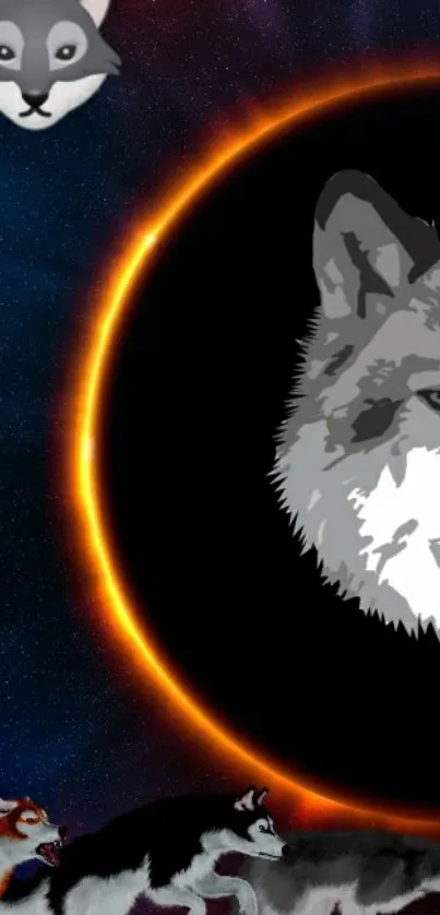 Artwork of wolves and eclipse in cosmic space on wallpaper.