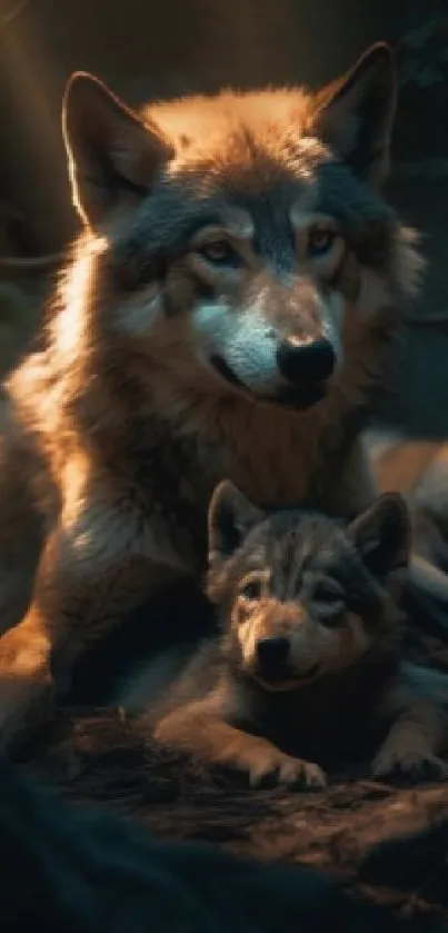 Wolf family resting in a forest setting, surrounded by serene nature.