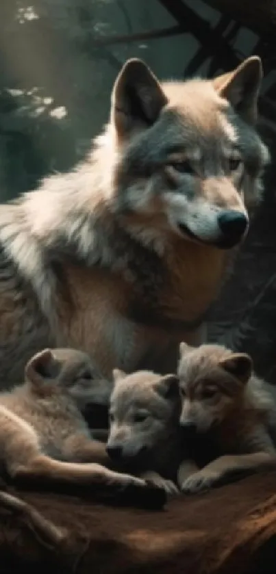 Majestic wolf family in forest setting mobile wallpaper.