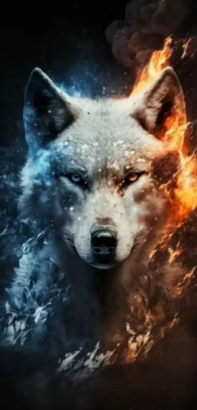 Artistic wolf with fire and ice design, perfect mobile wallpaper.