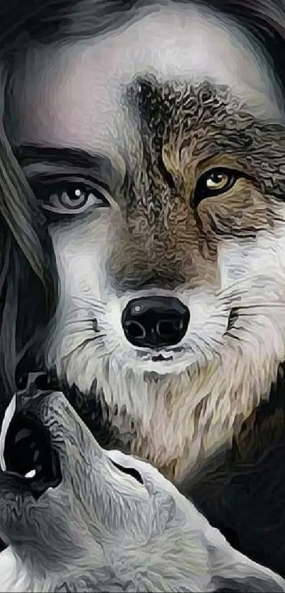 Artistic wolf-human fusion wallpaper, mystical and captivating.