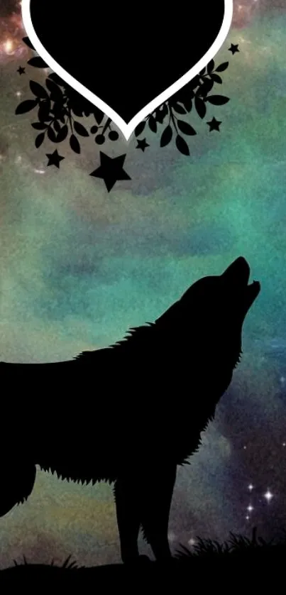 Wolf silhouetted against galaxy with heart in sky, phone wallpaper.