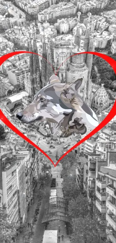 Wolf illustration in red heart over black-and-white cityscape.