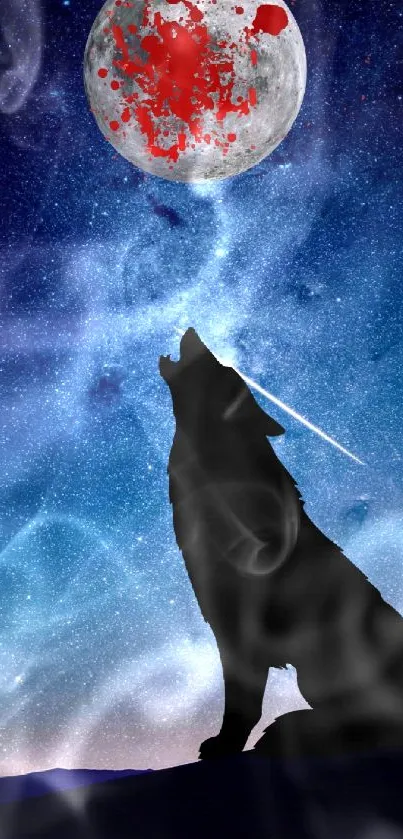 Silhouette of a wolf howling beneath a blood-spattered moon in a starry galaxy.