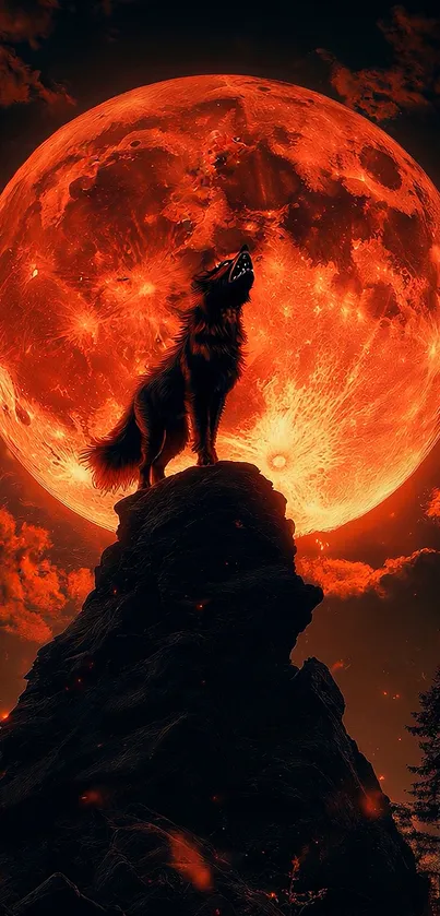 Wolf silhouetted against a vivid red moon.