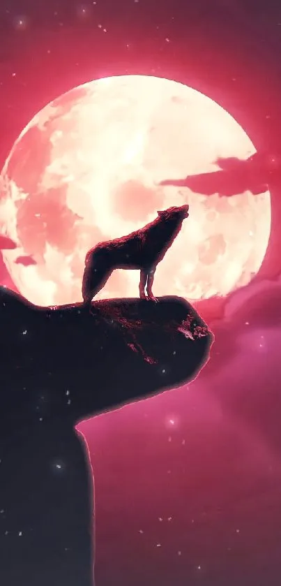 Silhouette of a wolf howling at a blood-red moon with dark cloud surround.