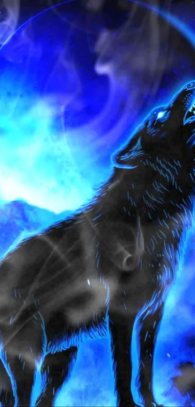 Wolf howling at a glowing blue moon with stars.