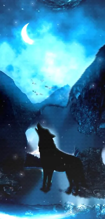 Wolf silhouetted against a blue night sky with crescent moon.