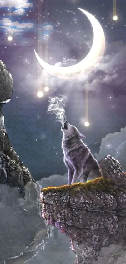 Wolf howling at purple crescent moon with a starry sky backdrop.