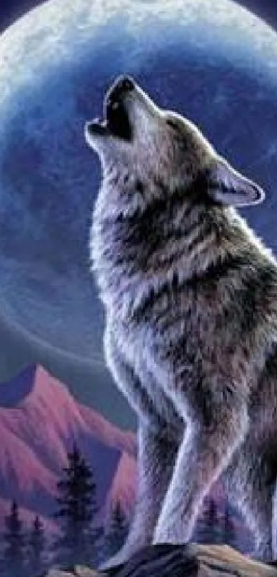 A majestic wolf howling beneath a bright full moon against a mountainous backdrop.