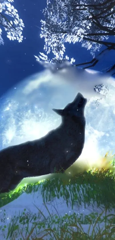 Wolf howling at the moon under a starry sky with trees.