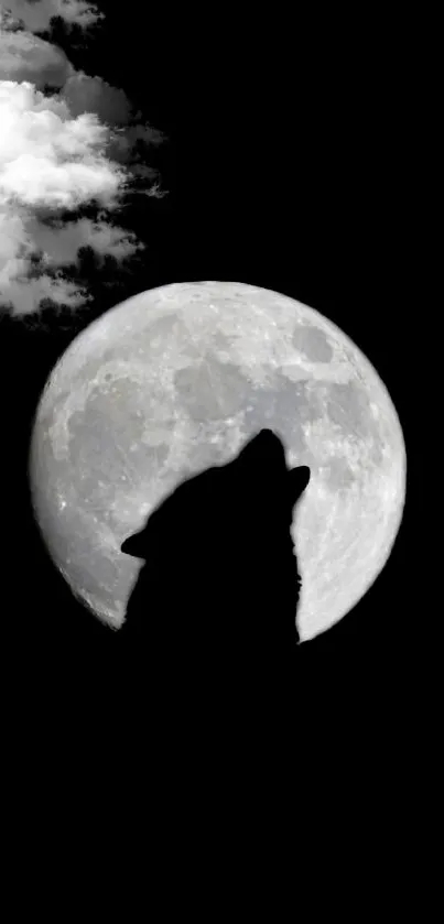 Wolf silhouette howling at a bright full moon against a dark night sky.