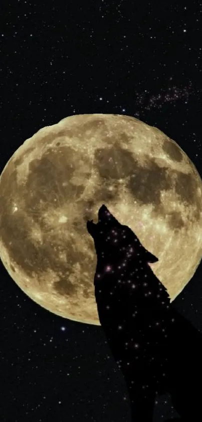 Wolf silhouetted against a glowing full moon in a starry night.