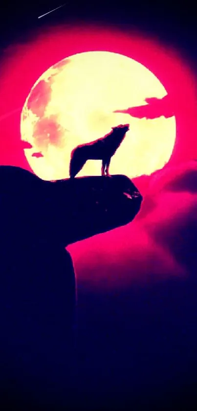 Silhouette of a wolf howling with a pink moon glowing brightly in the background.