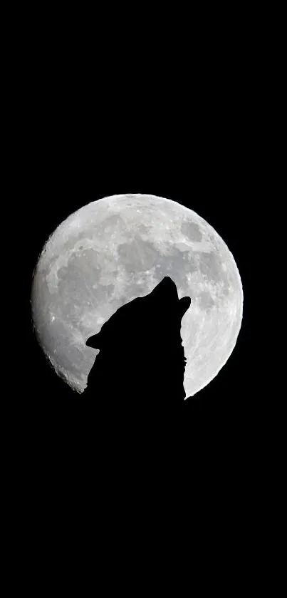 Silhouette of a wolf howling at a bright full moon on a dark sky background.