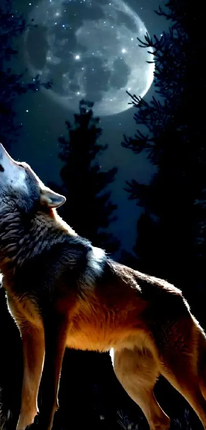 Wolf howling under a bright full moon in a dark forest.