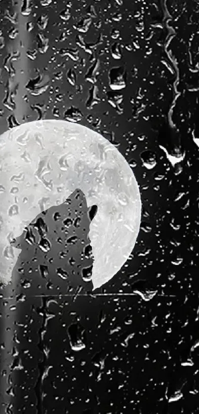 Wolf silhouette howling at moon through rainy window.